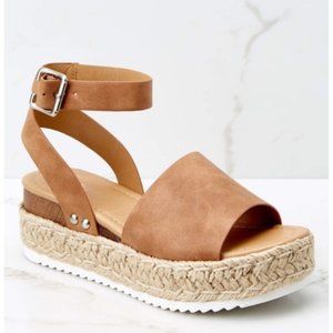 AMS Tan ESPADRILLE LOW WEDGE SANDAL VEGAN LEATHER NEW IN BOX